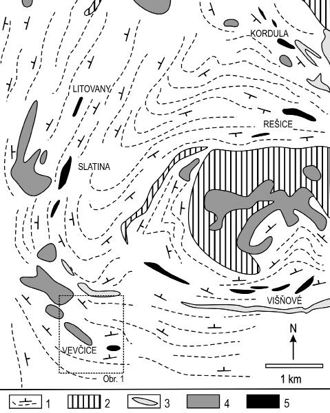 Obr. 1: Zjednodušená geologická mapa okolí studované lokality (upraveno podle Matějovské et al. 1987).