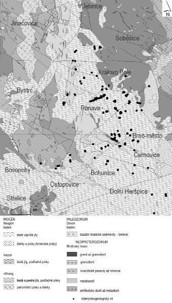 Aplikovaná geologie Obr. 1: Rozšíření sedimentů karpatské předhlubně na území města Brna s vyznačenou polohou vrtů, z nichž byly analyzovány vzorky neogenních jílů. Fig.