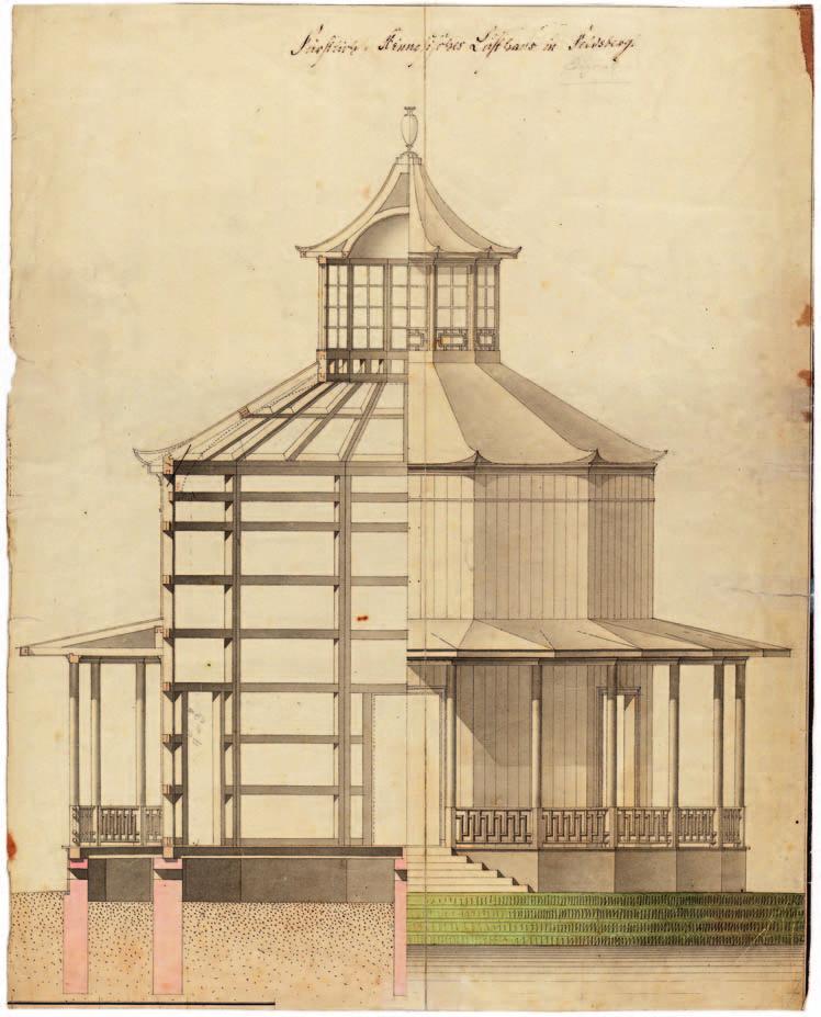 Historie Hardtmuthův návrh (?) Čínského pavilonu v lednickém parku, nedatováno a bez signatury (Moravský zemský archiv v Brně, fond F 115 [Lichtenštejnský stavební úřad Lednice], inv. č.