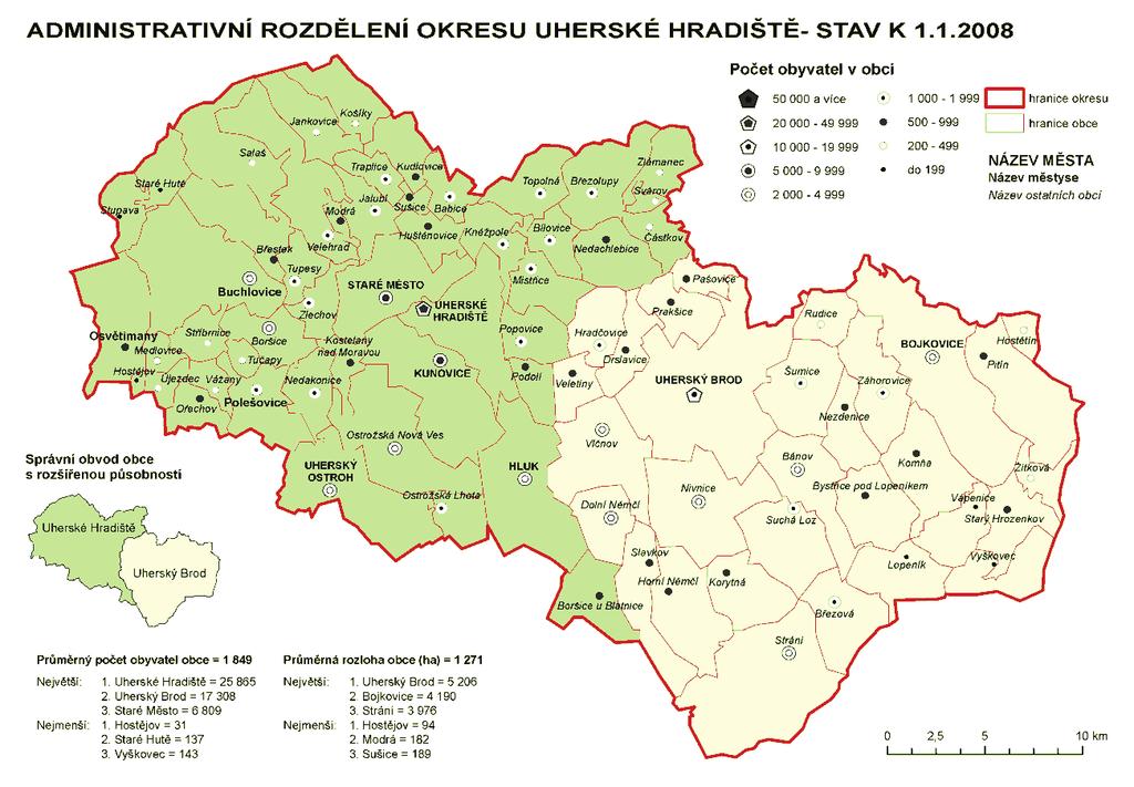Bývalý okres Uherské Hradiště je v dnešní době rozdělen na dva obvody obcí s rozšířenou působností, a to Uherské Hradiště a Uherský Brod. Celkem do tohoto správního obvodu patří 78 obcí.