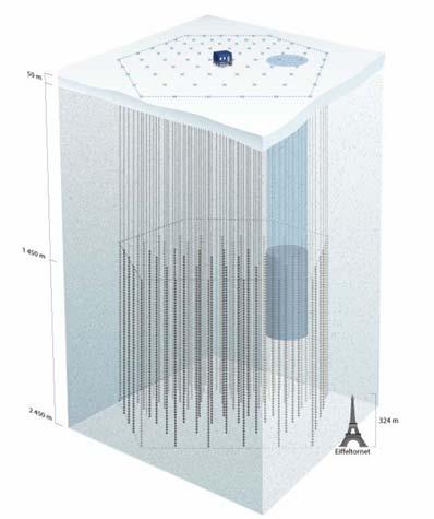 Proud horké vody 80 vertikálních děr do ledu do hloubky 2,4 km. Kabely s 60 fotonásobiči od hloubky 1,4 km. Objem 1 km 3. Mezinárodní spolupráce 8 států. Náklady 270 mil. $. Dokončení 2011.