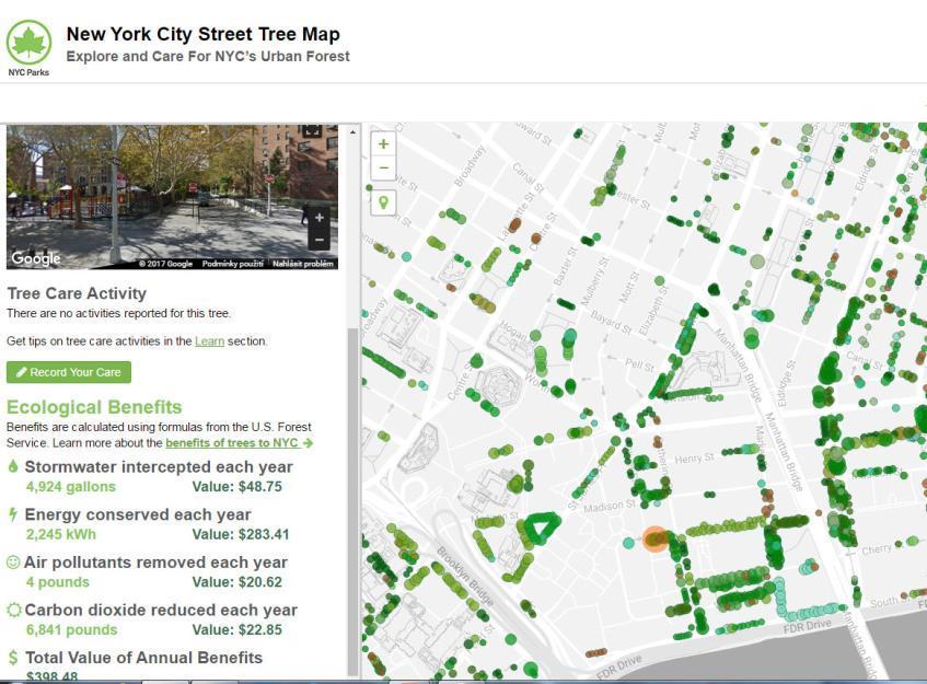 Interaktivní mapa stromů města New York, USA,