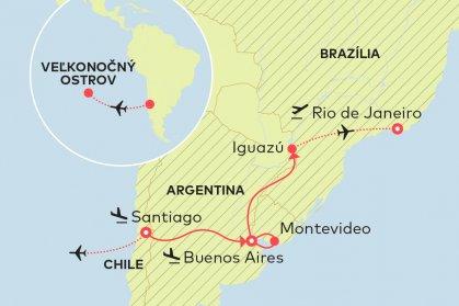 Veľkonočný ostrov, Chile, Argentína, Brazília Z najodľahlejšieho ostrova planéty na pláže božského Rio de Janeiro. Prechod cez Andy do elegantného Buenos Aires a ďalej až k vodopádom Iguazú.