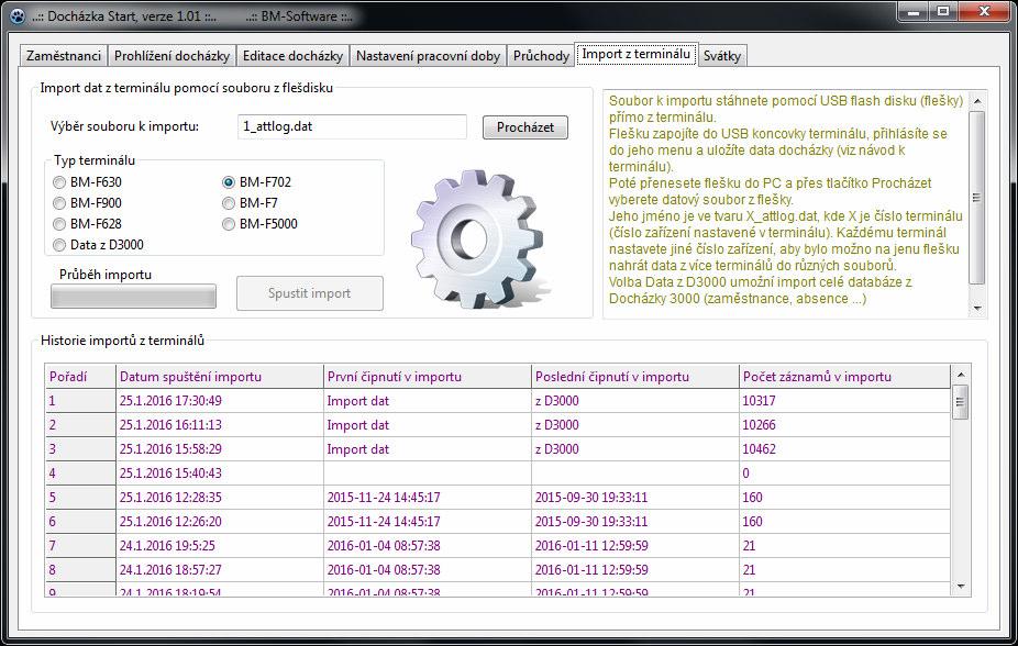 6 Import z terminálů Na této záložce provádíte import dat načipovaných příchodů a odchodů z terminálů BM-Finger. Podle návodu nejprve uložíte na samotném terminálu data na USB flash disk flešku.