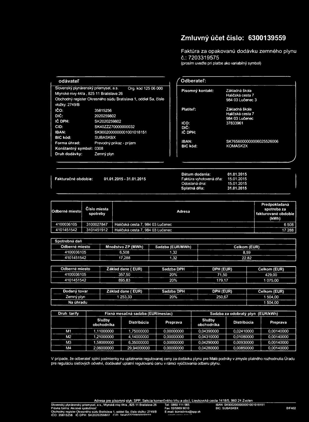 Zmluvný účet číslo: 6300139559 Faktúra za opakovanú dodávku zemného plynu č.: 7203319575 (prosím uveďte pri platbe ako variabilný symbol) odávateľ /O dberateľ: Slovenský plynárenský priemysel, a.s. Org.