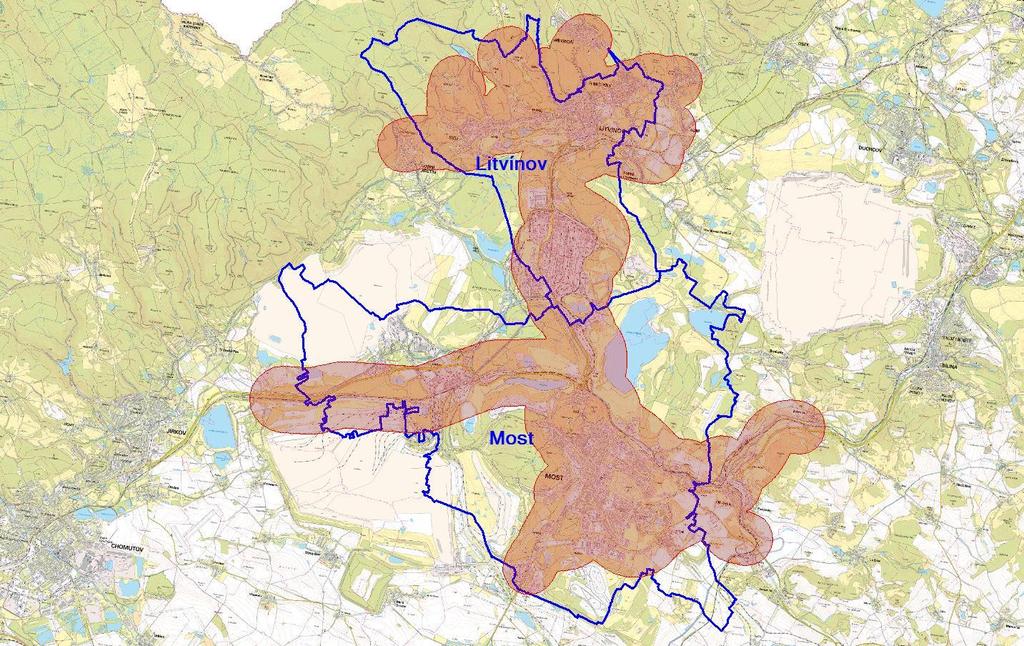 4.1 REFERENČNÍ BODY HODNOCENÁ OBLAST Pro výpočet hlukové zátěže bylo na základě analytické části Plánu udržitelné městské mobility měst Mostu a Litvínova", dosahu přesnosti použitých výpočtových