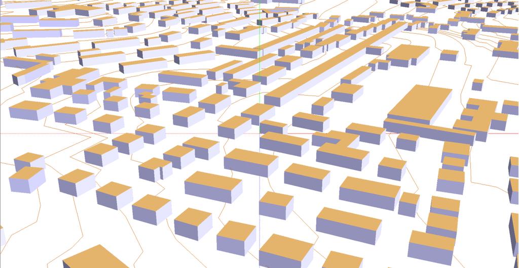 Obrázek 4: Terén a zástavba v 3D s jednotnou výškou budov. Obrázek 5: Terén a zástavba v 3D se zpřesněnou výškou budov.