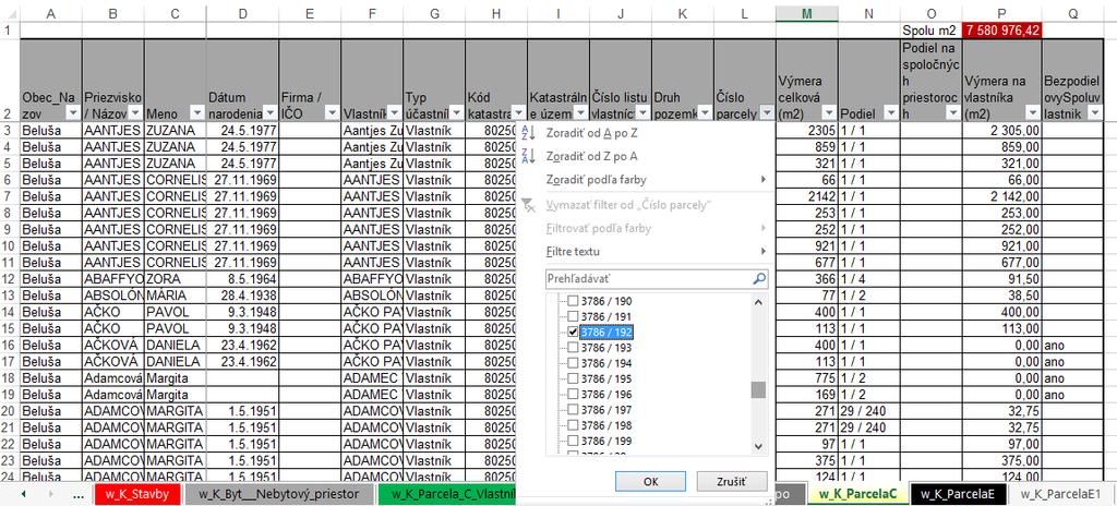 Obrázok 3 Filtrovanie podľa čísla parcely Po potvrdení filtra s tlačidlom OK Excel