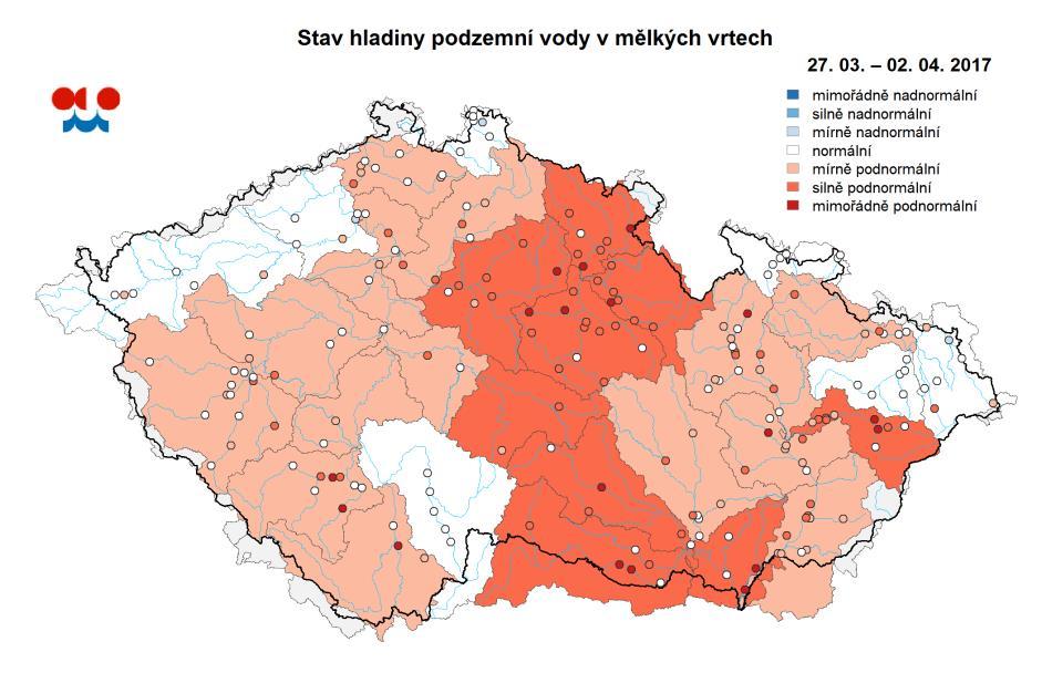 Mapa ukazuje stav podzemní vody ve sledovaných vrtech a oblastech povodí dle pravděpodobnosti překročení úrovně hladin v daném týdnu v referenčním období 1981 2010 (viz text).