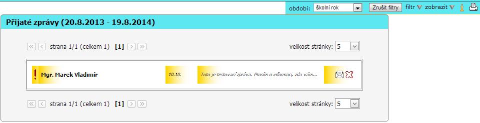 Obrázek 7 Seznam přijatých zpráv Zprávy otevřeme kliknutím na jméno odesílatele nebo na ikonu obálky u zprávy vpravo. Důležitý je příznak došlé zprávy s vykřičníkem.