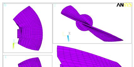 3.2 Vlastní frekvence a tvary kmitů lopaty oběžného kola Kaplanovy turbíny VE Mikšová Výpočtový model Předmětem analýzy byla lopata oběžného kola Kaplanovy turbíny VE Mikšová zhotovená z