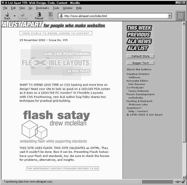 INTERNET Obr. 4. Magazín A List Apart tit také na fórum o HTML, které najdete na adrese http://lufi.host.sk/html _forum/.