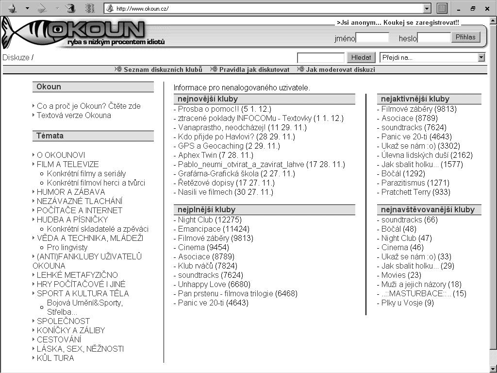 INTERNET Obr. 6. Diskusní server Okoun 2)http://www.w3.org/TR/REC-html32 - na této adrese najdete specifikaci HTML ve verzi 3.2, 3)http://www.w3.org/TR/1998/REChtml40-19980424/ - a na této stránce specifikaci HTML předchozí verze 4.