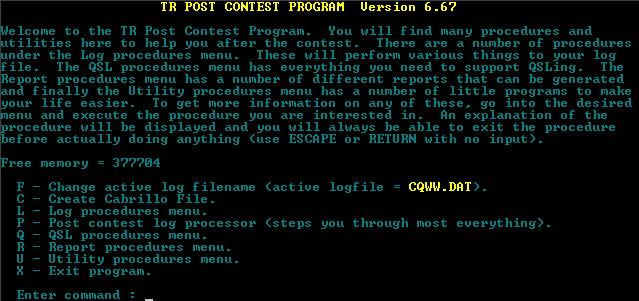 Obr. 27 Úvodní obrazovka programu POST Úplný překlad úvodní obrazovky programu POST zní: Vítejte v programu TR Post Contest. Najdete zde mnoho procedur a utilit, které vám pomohou po závodě.