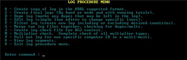Obr. 28 Nabídka Log procedures menu Překlad nabídky Log procedures menu A Vytvořit deník ve formátu ARRL. C Vytvořit definitivní deníky (podle pásem nebo druhů provozu s výsledky).