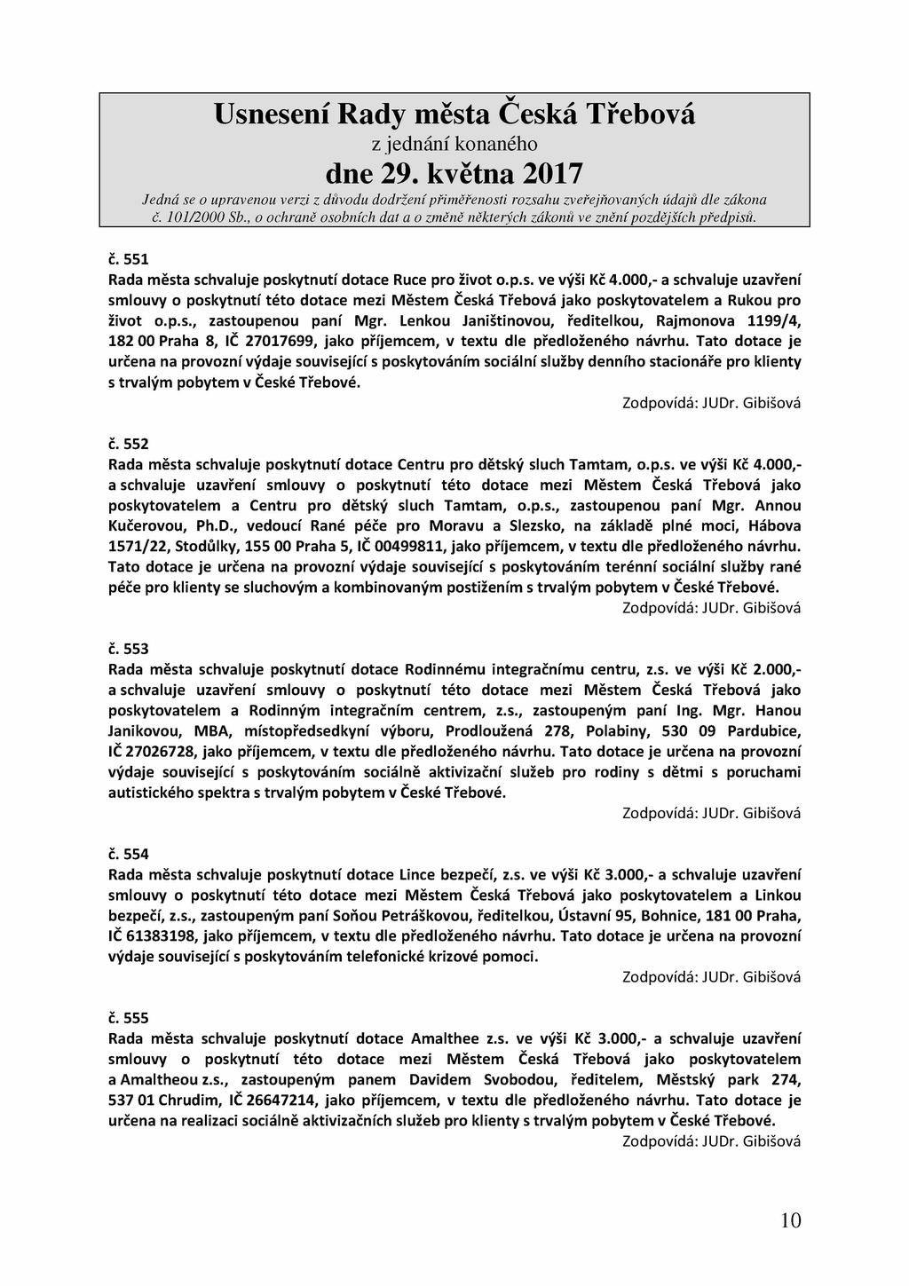 č. 551 Rada města schvaluje poskytnutí dotace Ruce pro život o.p.s. ve výši Kč 4.