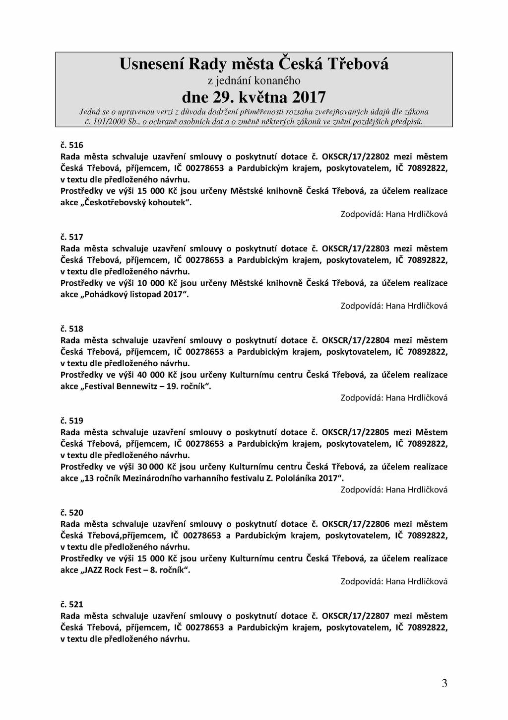 č. 516 Rada města schvaluje uzavření smlouvy o poskytnutí dotace č.