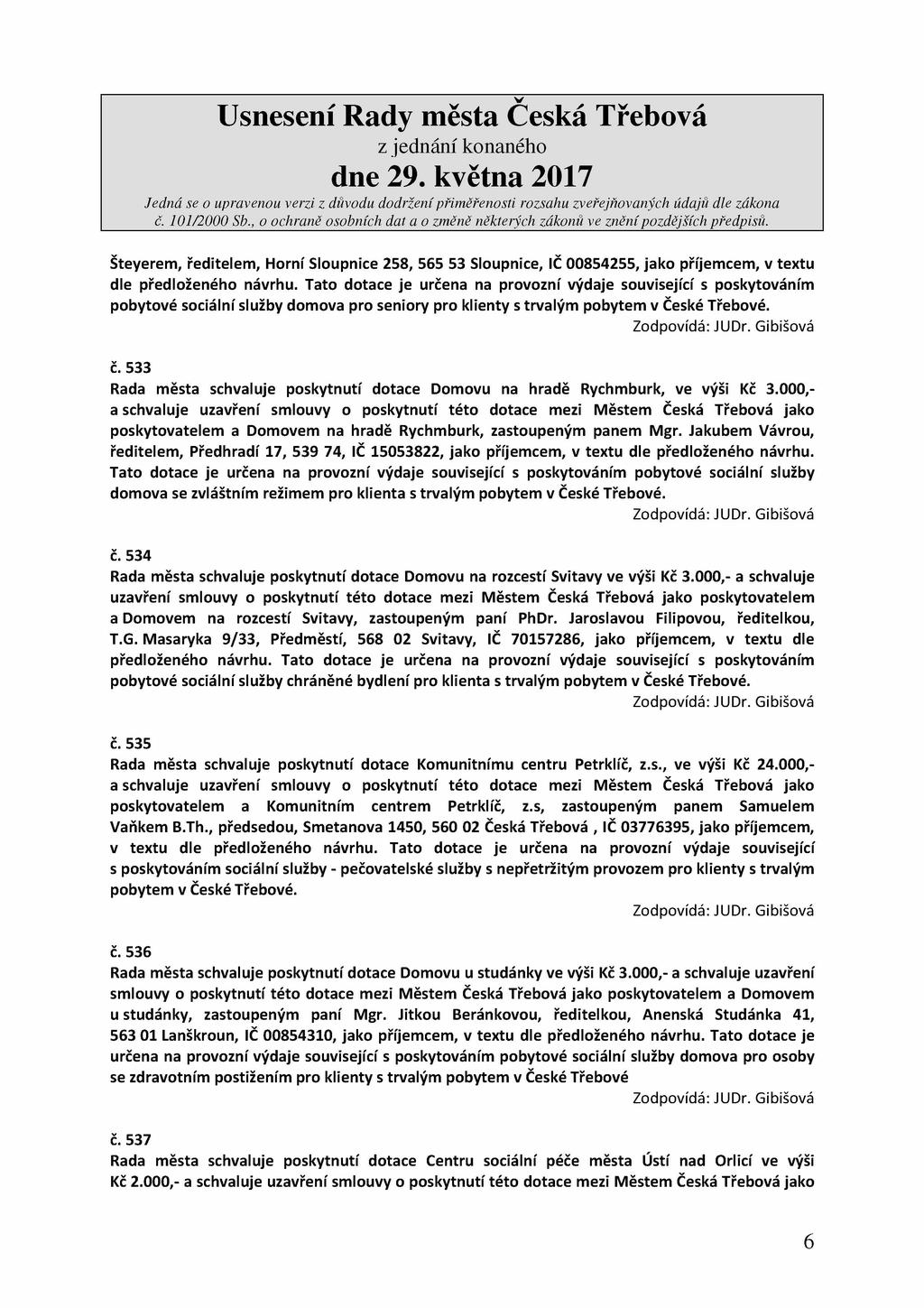 Šteyerem, ředitelem, Horní Sloupnice 258, 565 53 Sloupnice, IČ 00854255, jako příjemcem, v textu dle předloženého návrhu.