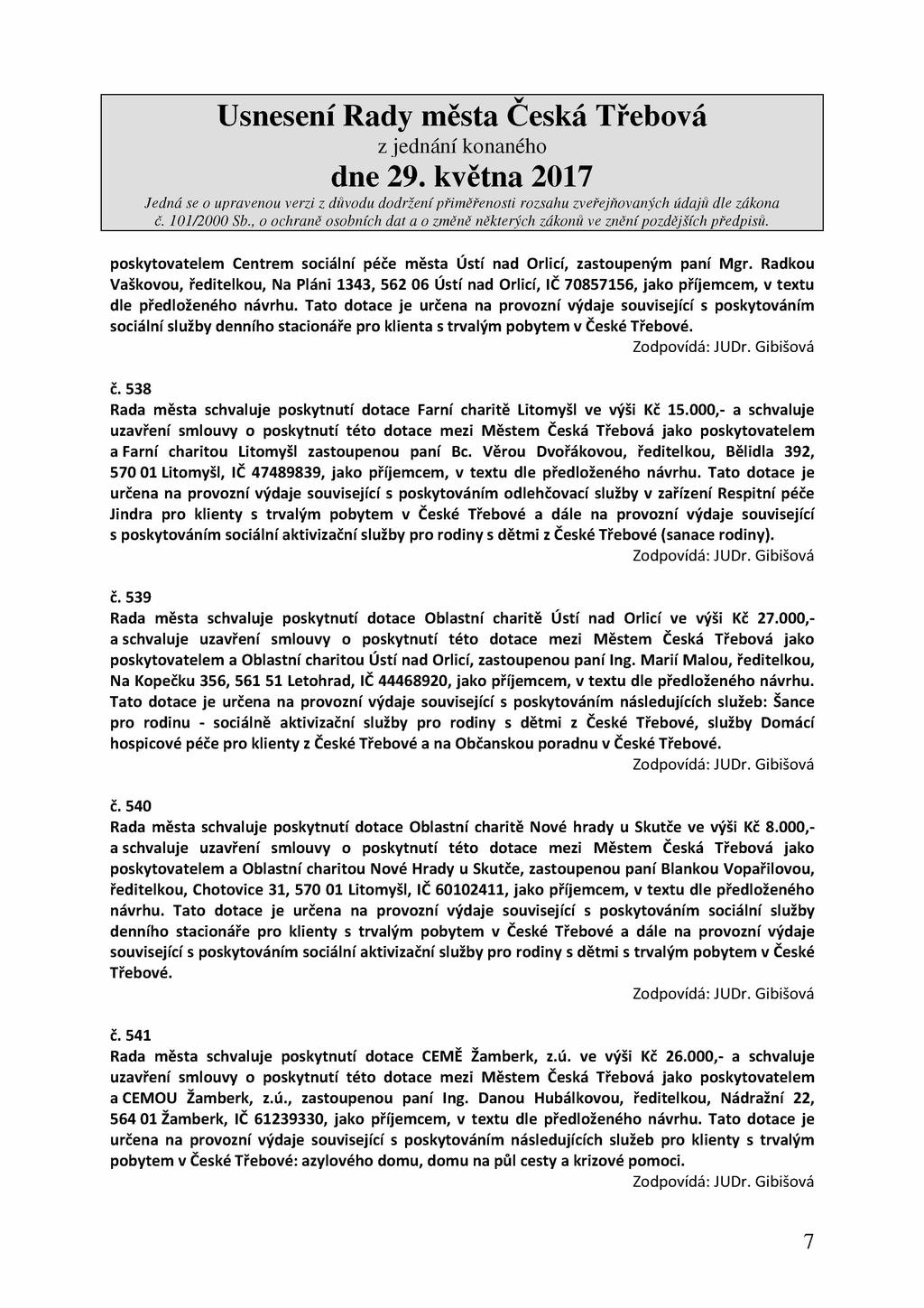 poskytovatelem Centrem sociální péče města Ústí nad Orlicí, zastoupeným paní Mgr.