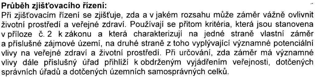 - 2 - Prùbìh zjišt'ovacího øízení: Pøi zjiš ovacím øízení se zjiš uje, zda a v jakém rozsahu mùže zámìr vážnì ovlivnit životní prostøedí a veøejné zdraví.