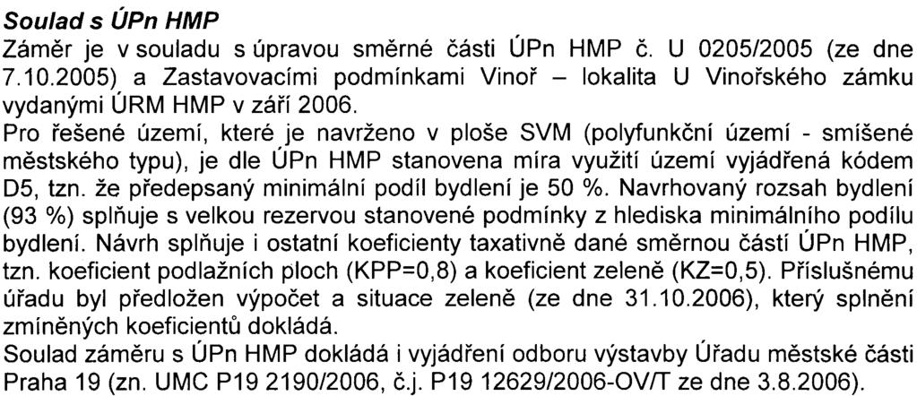 6 Soulad s ÚPn HMP Zámìr je v souladu s úpravou smìrné èásti ÚPn HMP È. U 0205/2005 (ze dne 7.10.2005) a Zastavovacími podmínkami Vinoø - lokalita U Vinoøského zámku vydanými ÚRM HMP v záøí 2006.