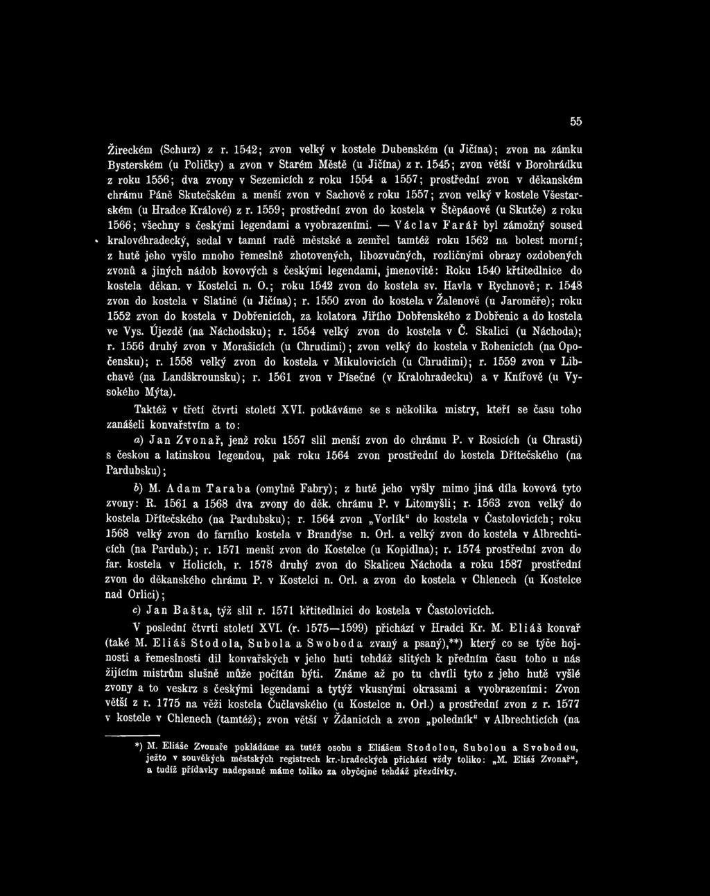 Všestarském (u Hradce Králové) z r. 1559; prostřední zvon do kostela v Štěpánově (u Skutče) z roku 1566; všechny s českými legendami a vyobrazeními.