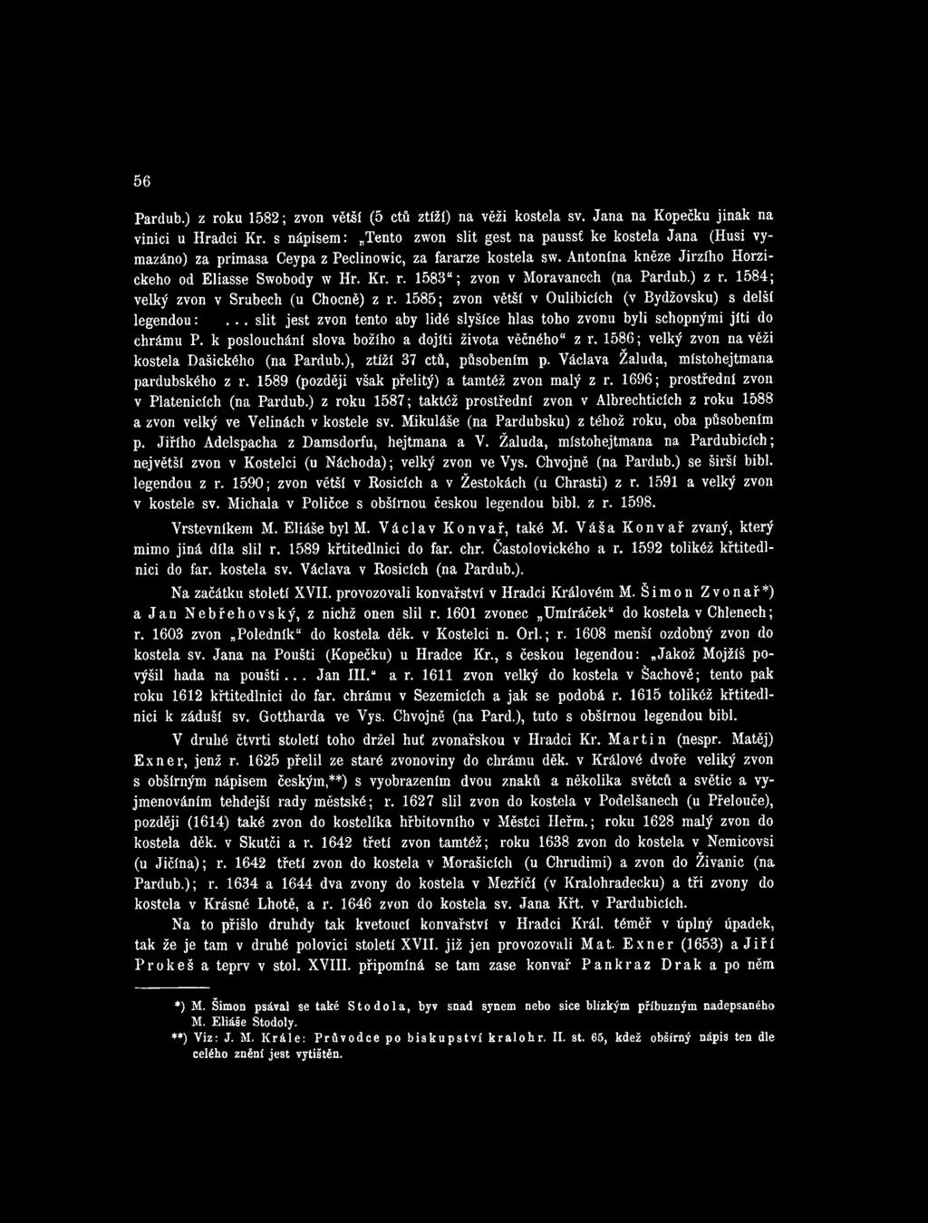1586; velký zvon na věži kostela Dašického (na Pardub.), ztíží 37 ctů, působením p. Václava Žaluda, místohejtmana pardubského z r. 1589 (později však přelitý) a tamtéž zvon malý z r.