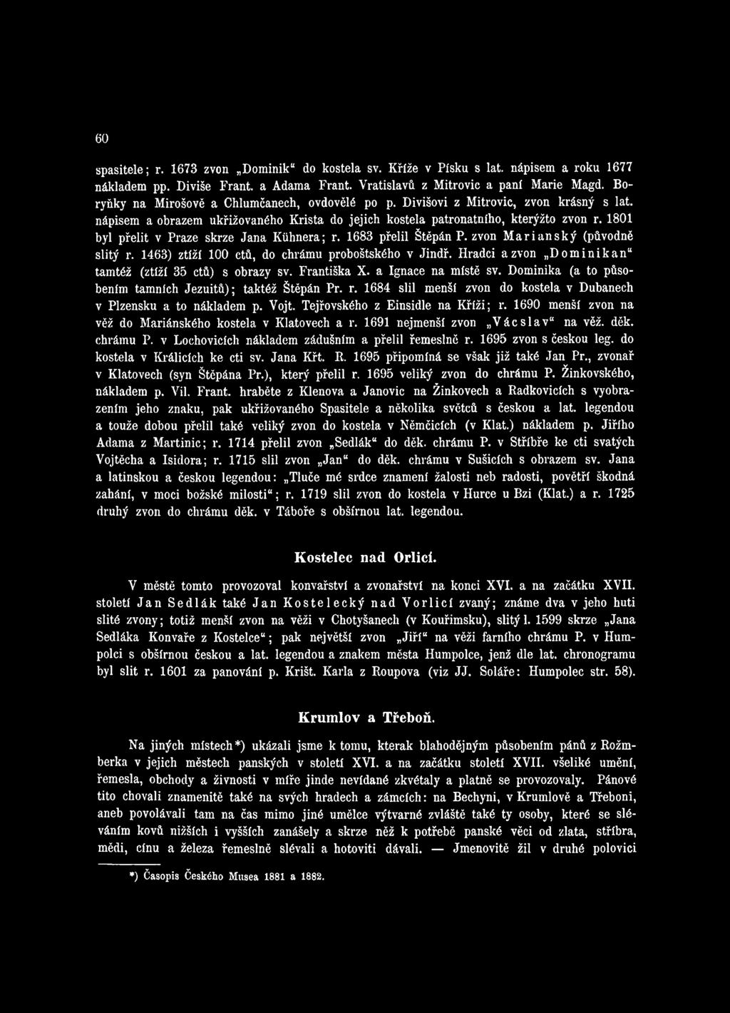 1684 slil menší zvon do kostela v Dubanech v Plzeňsku a to nákladem p. Vojt. Tejřovského z Einsidle na Kříži; r. 1690 menší zvon na věž do Mariánského kostela v Klatovech a r.