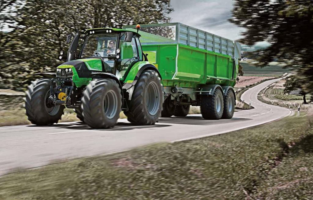 14-15 JÍZDNÍ KOMFORT ODPRUŽENÍ PŘEDNÍ NÁPRAVY Elektrohydraulicky ovládané odpružení přední nápravy nových Agrotronů 6 sestává, vedle masivního odpruženého kyvného uložení přední nápravy, ze dvou