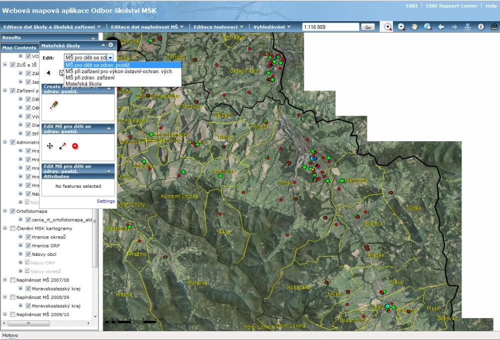 Obr. 2: Nástroj editace v aplikaci Vlastnosti, funkce a obsah výsledné aplikace: - aplikace umožňuje základní práci s mapou, identifikaci geoprvků s moţností zjištění hodnot atributů, moţnost editace