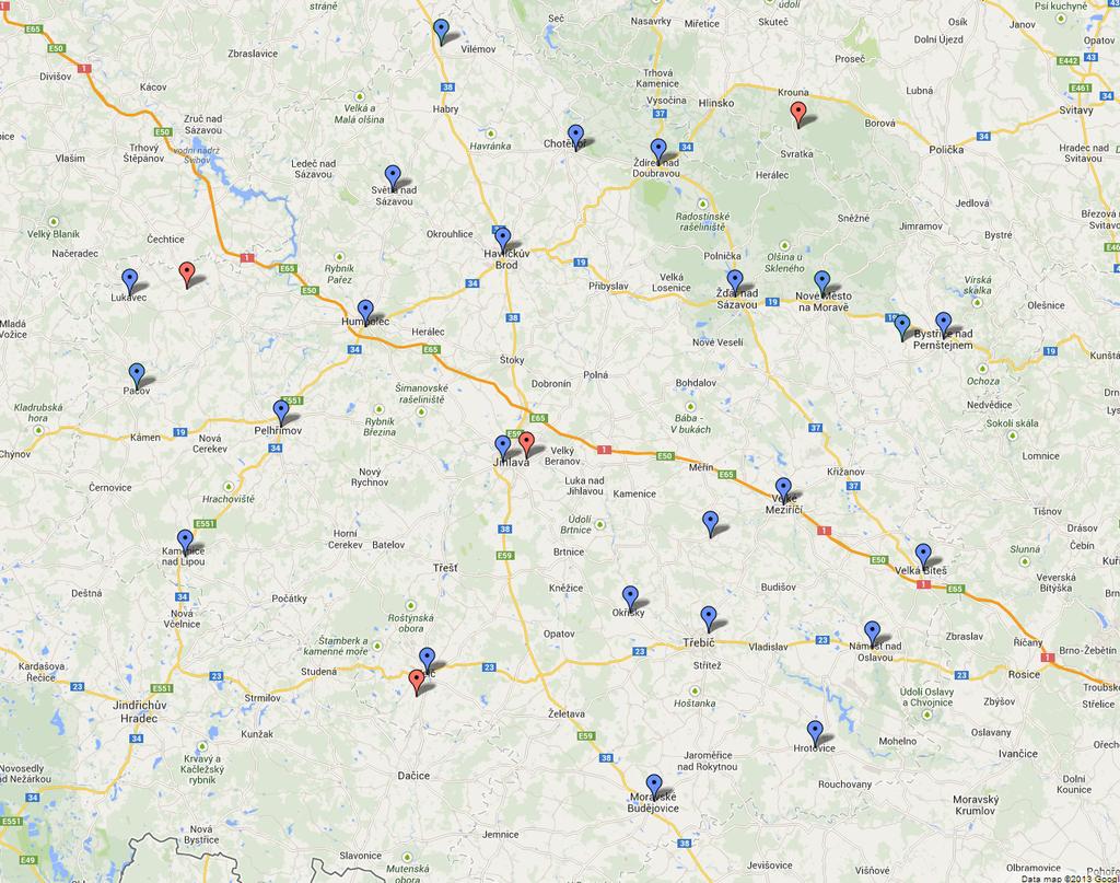 Lokality měření Bochovice Bystřice nad Pernštejnem Golčův Jeníkov Havlíčkův Brod Hrotovice Humpolec Chotěboř Jihlava Kamenice nad Lipou Lukavec Moravské Budějovice