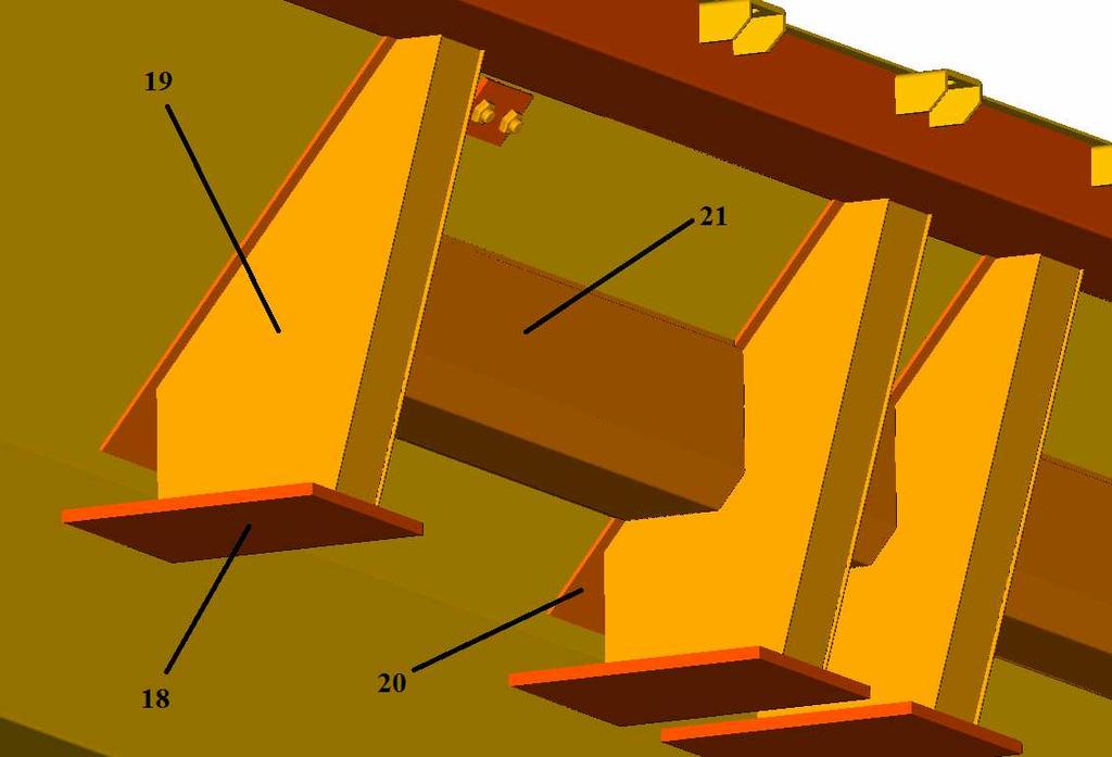 Parabolické odpružení náprav je přivařeno k plechům tloušťky 16 mm (18). Plechy jsou svojí vnitřní stranou připojeny k bočnicím spodního dílu.