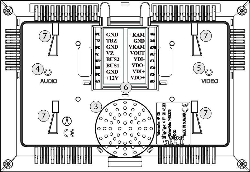 1 2 3 4 5 6 7 Mikrofón LCD obrazovka s dotykovým displejom Reproduktora Otvor pre reguláciu vyváženia audio signálu Otvor pre reguláciu