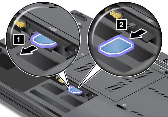 4. Najděte slot karty SIM v otevřené přihrádce baterie. Jemným táhnutím kartu částečně vysuňte ze slotu (1). Vysuňte ji celou (2). 5. Vložte kartu SIM pevně do slotu. 6.
