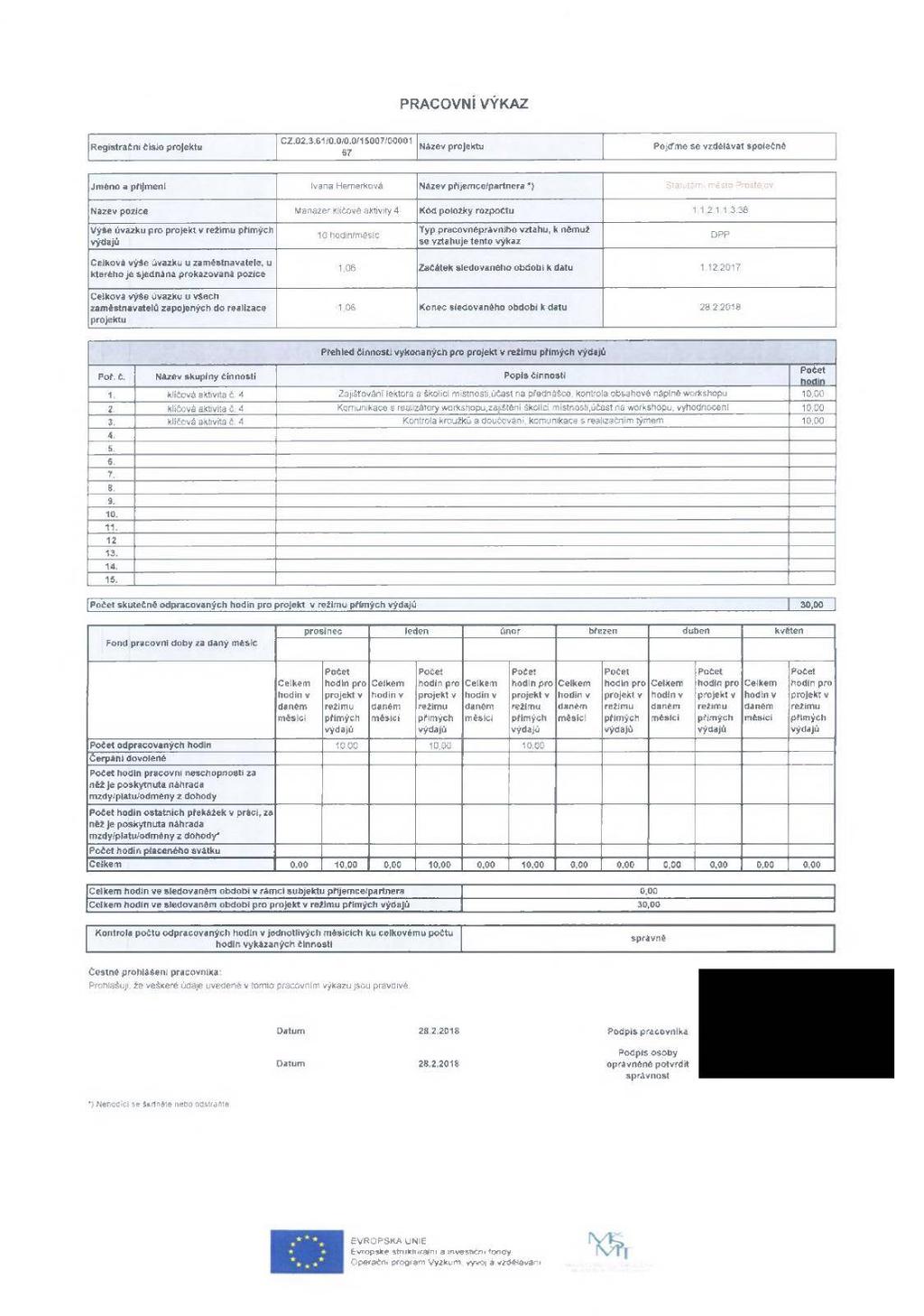 PRACOVNÍ VÝKAZ Název Pojďme se vzdélávat společné Registrační čislo Jméno a příjmem Ivana Hemerková Název přijemce/partnera *) Statutární mésto Prostějov Manažer klíčové aktivity 4 1 1 2 1 1 3 38