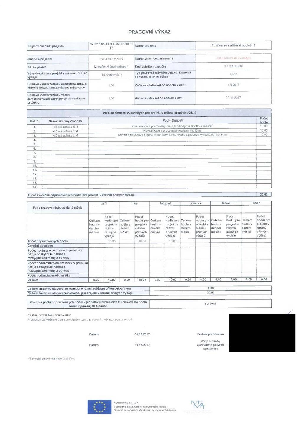 pracovní výkaz Registrační číslo Název Pojďme se vzdělávat společné Jméno a příjmem Ivana Hemerková Název phjemce/partnera *) Statutární město Prostétov Manažer kiičové aktivity 4 1 11 38 Výše úvazku