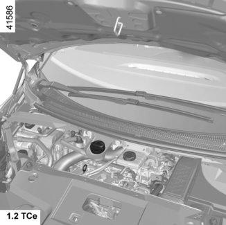 HLADINA OLEJA V MOTORE: dopĺňanie, plnenie (1/3) 1 1 2 2 Dopĺňanie/Plnenie Vozidlo musí stáť vo vodorovnej polohe, motor musí byť vypnutý a studený (napríklad pred prvým naštartovaním v danom dni).