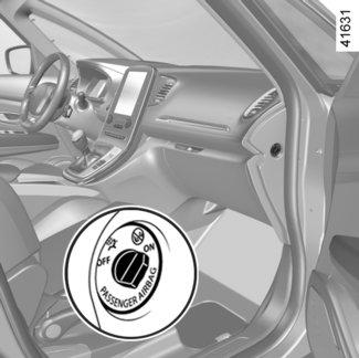 BEZPEČNOSŤ DETÍ: vypnutie, zapnutie AIRBAG PRE SPOLUJAZDCA VPREDU (3/3) 1 2 Poruchy činnosti Pri poruche systému vypnutia/zapnutia airbag pre spolujazdca je umiestnenie detskej sedačky chrbtom v