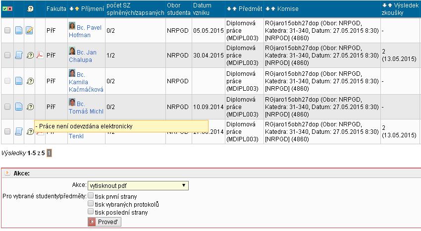 Po nastavení filtru na komisi, obor studentů, atd. (pozn.: položka v období je matoucí; týká se pouze studijního stavu, nikoliv konání SZZK) se zobrazí seznam studentů (obr. 14).