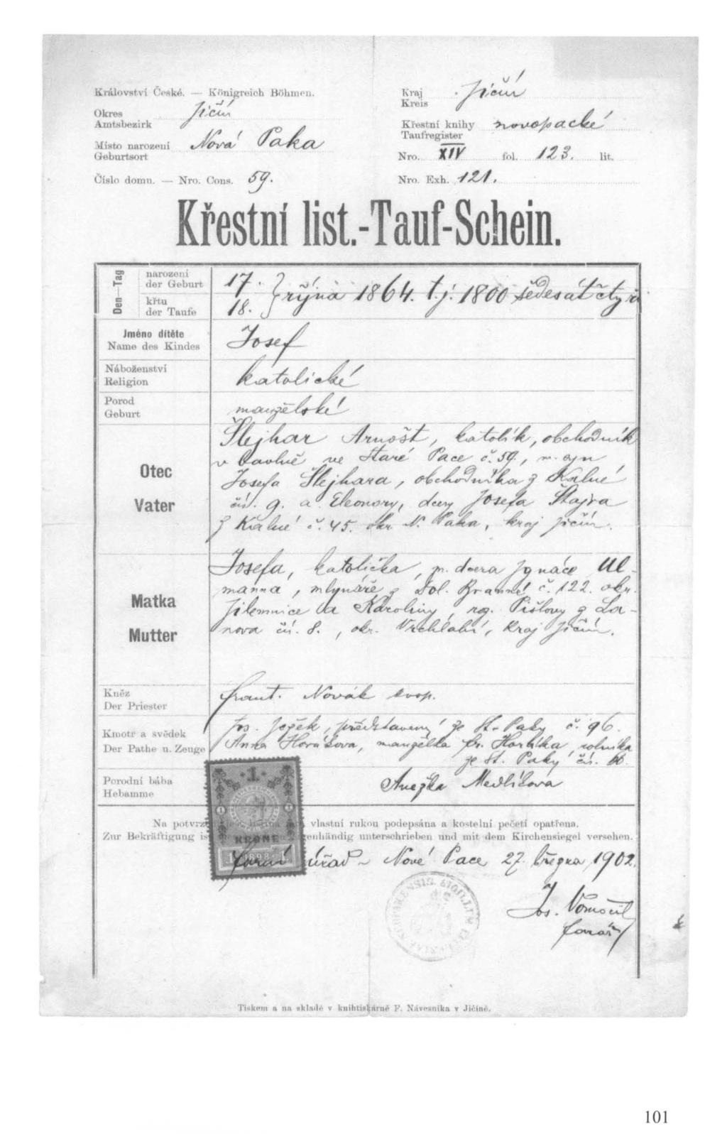 (jí~l" dotnll. - Nro. (Jou., 5, Nro, Exh, ~ u, Křestní list.w Tauf-Schein. utu'o:&oni der UE'uurt khu der Tnufe Jmeno dltěle Nam.. d,,".kindl'r Nál>o:l!"ll~tvi H.