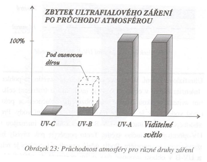 Průchodnost atmosféry pro různé druhy UV záření UV-C složka - je zcela pohlcována atmosférou UV-B složka - z 90 %