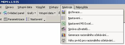 16 MDM v. 2.0 V průběhu práce s MDM bude nutné měnit různá nastavení programu a využívat další rozšiřující možnosti. Nastavení těchto funkcí je dostupné z menu Nástroje (viz obr. 10). Obr.