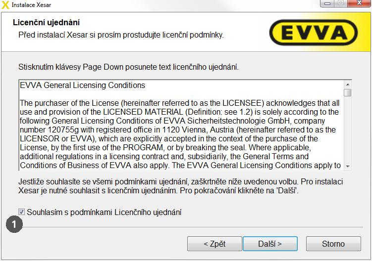 Obrázek 33: Vítejte Aby mohl být nainstalován software, musíte souhlasit s licenčními podmínkami (Obrázek 34: Instalace systému Xesar Licenční ujednání).