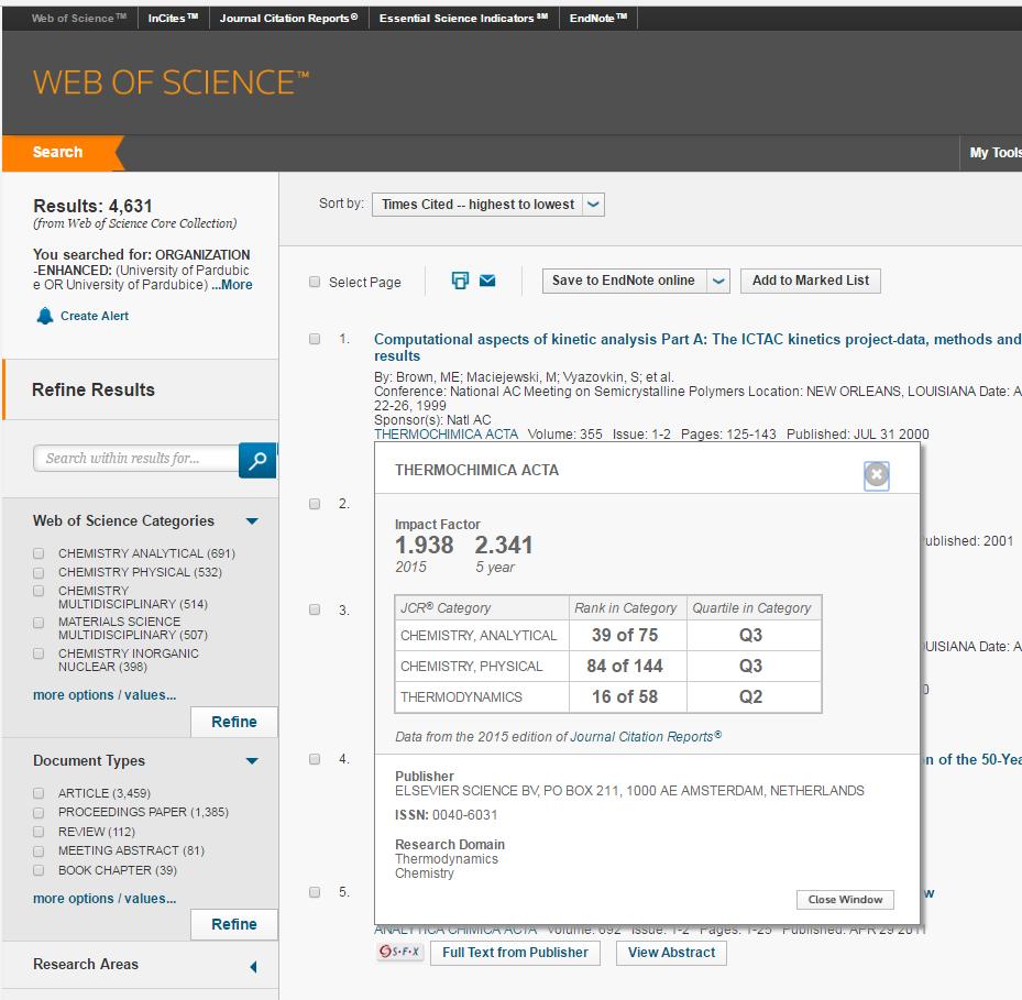 InCites JCR Integrace s Web f Science Výsledky