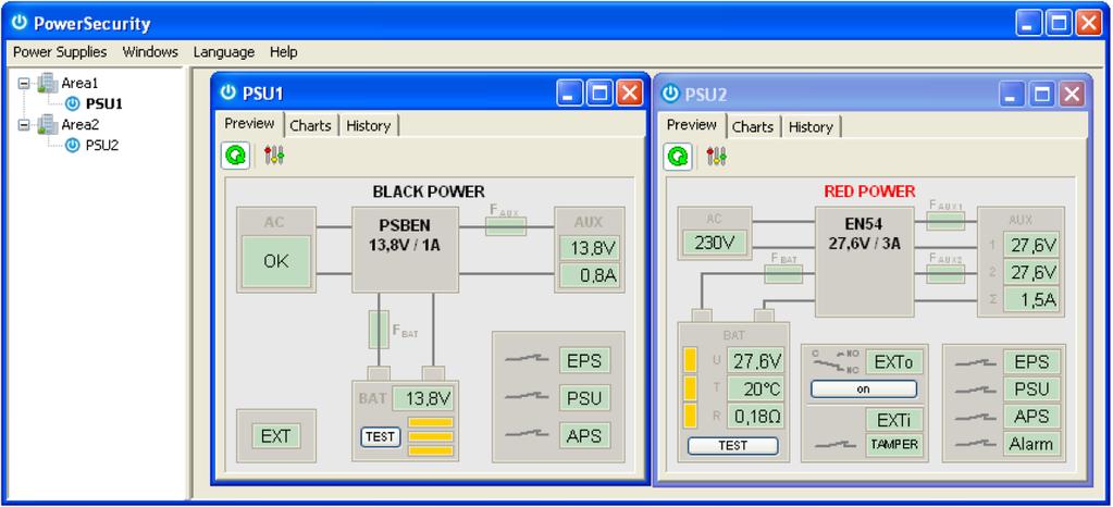 remote desktop of PSU PSBEN remote desktop of PSU EN54 menu bar manager window Obr. 9. Okna dálkových ploch napájecích zdrojů: PSBEN (na levé straně) a EN54 (na pravé straně). 7. Technické parametry.