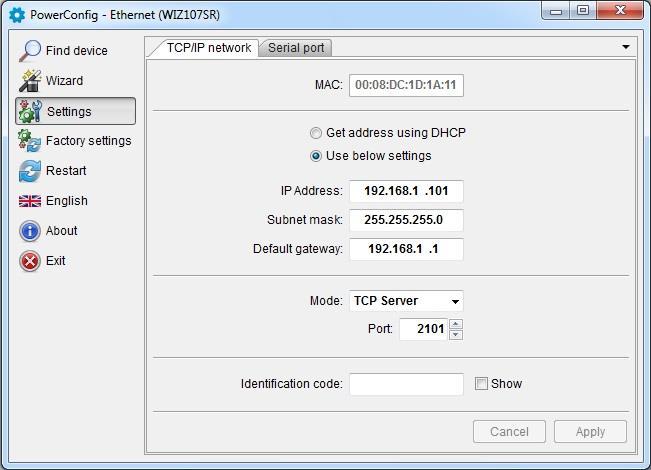 4.4 KROK 3 Nastavení sítě TCP/IP. V menu na levé straně okna programu PowerConfig stiskněte tlačítko Nastavení. Na pravé části se znázorní okno, ve kterém z horní záložky lze zvolit Síť TCP/IP.