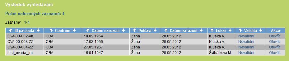 Klikněte na tlačítko Nevalidní (modrá elipsa, obr. 15). Systém poté vypíše nalezené problémy u vybraného pacienta.