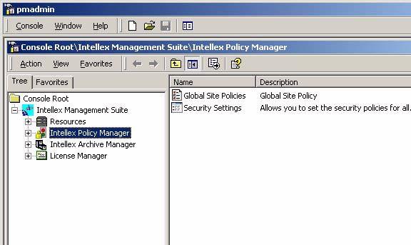 Policy Manager Zobrazení Intellex Management Suite Strom přehledu sestává ze 4 hlavních zobrazení: Zdroje Intellex Policy Manager Intellex Archive Manager License Manager Toto zobrazení ukazuje