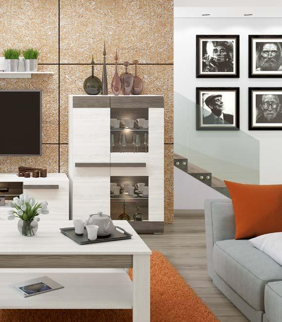 Spojení pine sníh a MDF new grey se skvěle hodí do moderního obývacího pokoje stejně jako do toho pro mladé.