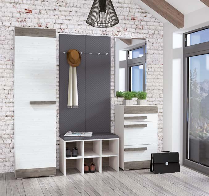 Dostupná barevnost systému: borovice sněhová + MDF new grey Viz také obývací pokoj BLANCO str.